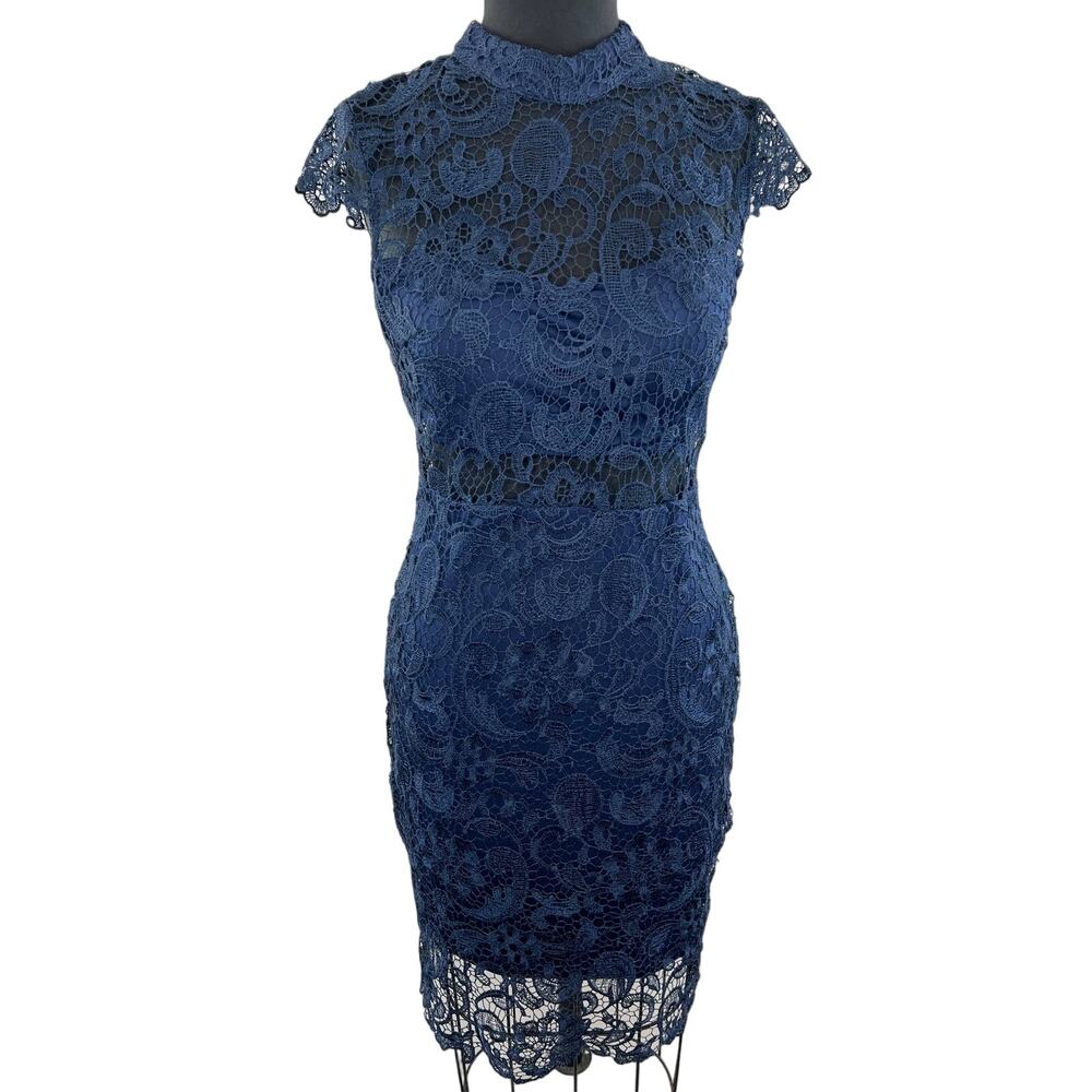 L'Atiste Navy Blue Cap Sleeve High Neck Knee Length Women's Lace Dress Size L